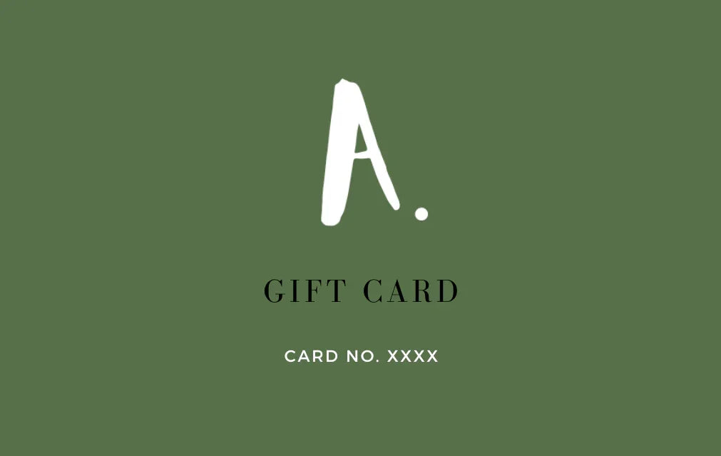 Green gift card with large white 'A.' and text reading 'Gift Card' and 'Card No. XXXX'.